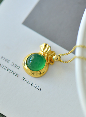 古法鎏金镶嵌天然冰种帝王绿玉髓福袋吊坠玛瑙项链配证书礼盒链子