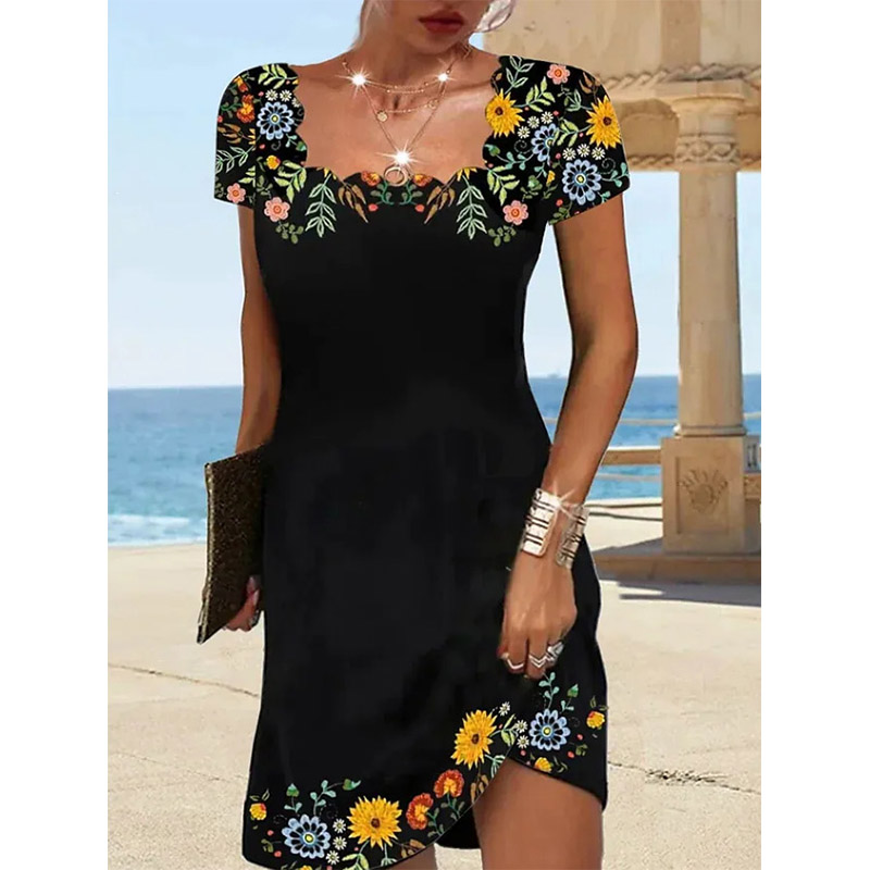 Floral Theme Printed Female Fashionable Knee Length Dress-图2