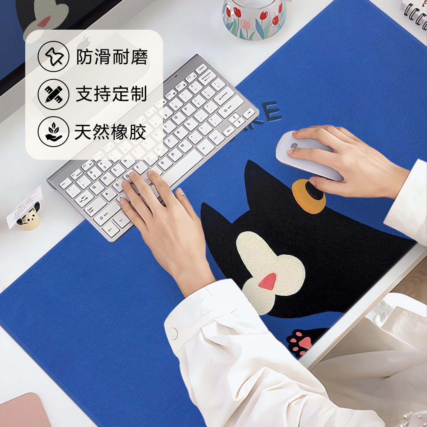 个性猫咪鼠标垫超大号男女生卡通插画电脑桌垫办公创意定制护腕垫 - 图1