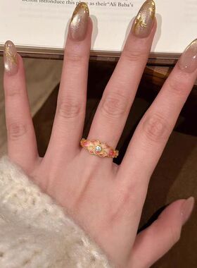 新款桃色芍药珐琅戒指复古新中式