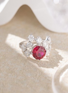 新款圆形红色锆石戒指女轻奢高级