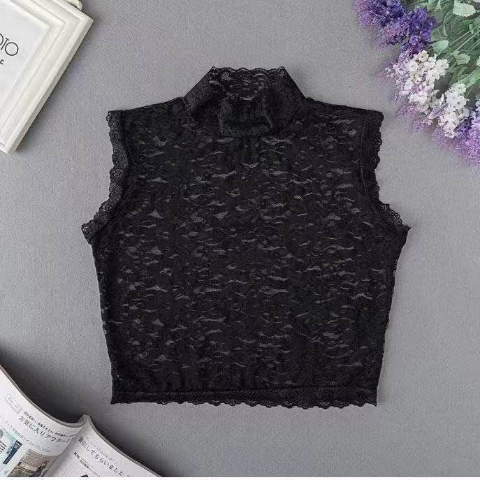 百搭蕾丝假领子女半高领无袖套头打底衫装饰花边领弹力复古红短款