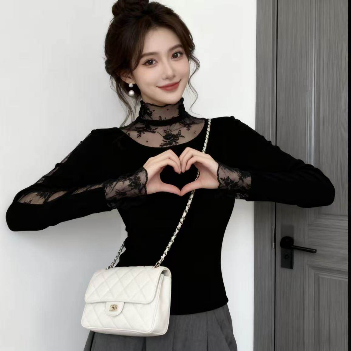 杏色减龄高领蕾丝拼接长袖打底衫女修身显瘦内搭磨毛保暖上衣小T