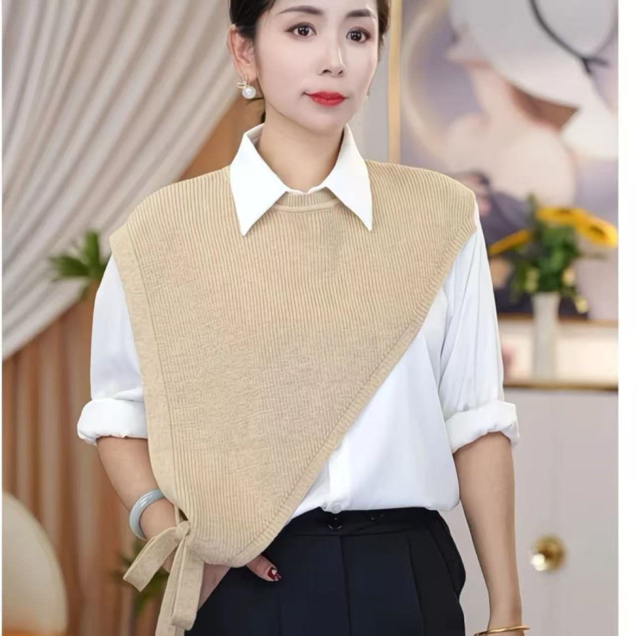 韩版2025新款高级感小众设计斜边三角针织披肩马甲女外搭叠穿斜肩 - 图2