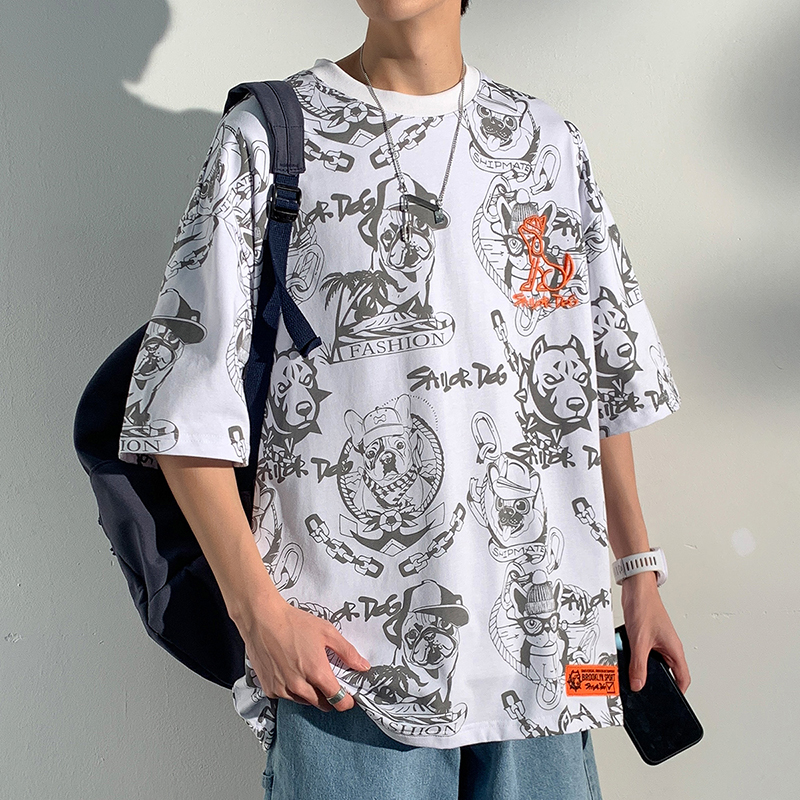 夏季新款圓領個性潮牌印花短袖冰絲棉T恤ins青少年寬松百搭男潮_SXRT旗艦店_男裝