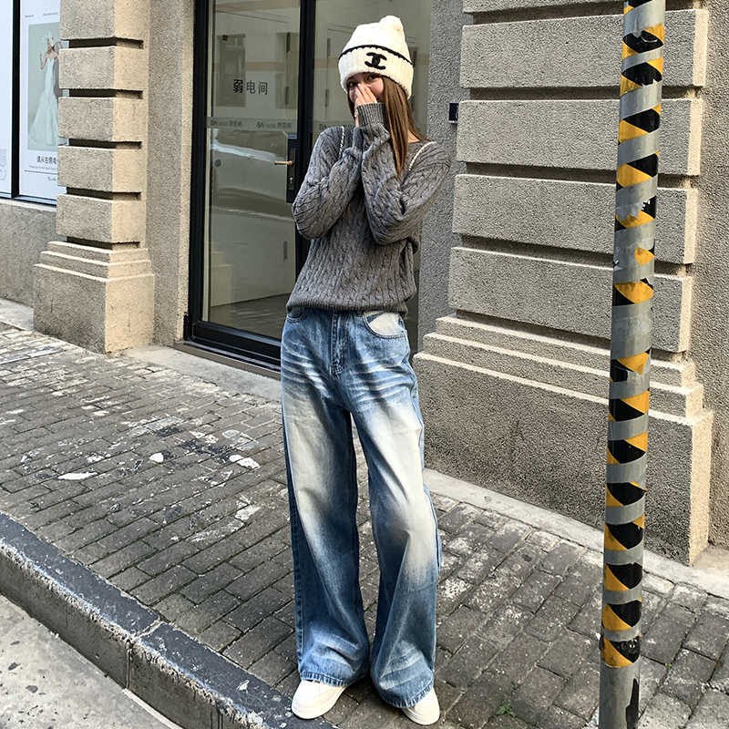 BRN2025加绒新款复古做旧水洗牛仔裤女折痕宽松显瘦直筒拖地长裤 - 图0