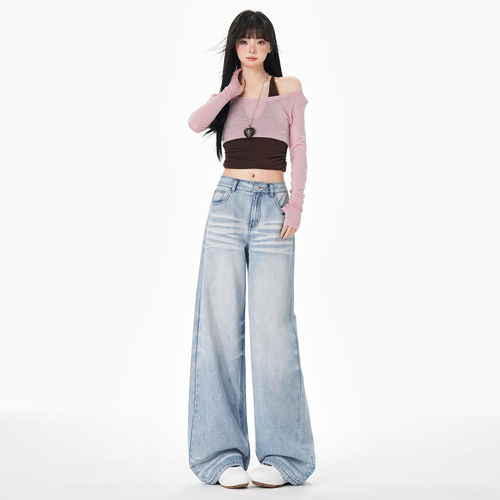 BRN复古做旧浅蓝色牛仔裤女2026新款宽松设计感时髦百搭阔腿裤子 - 图0