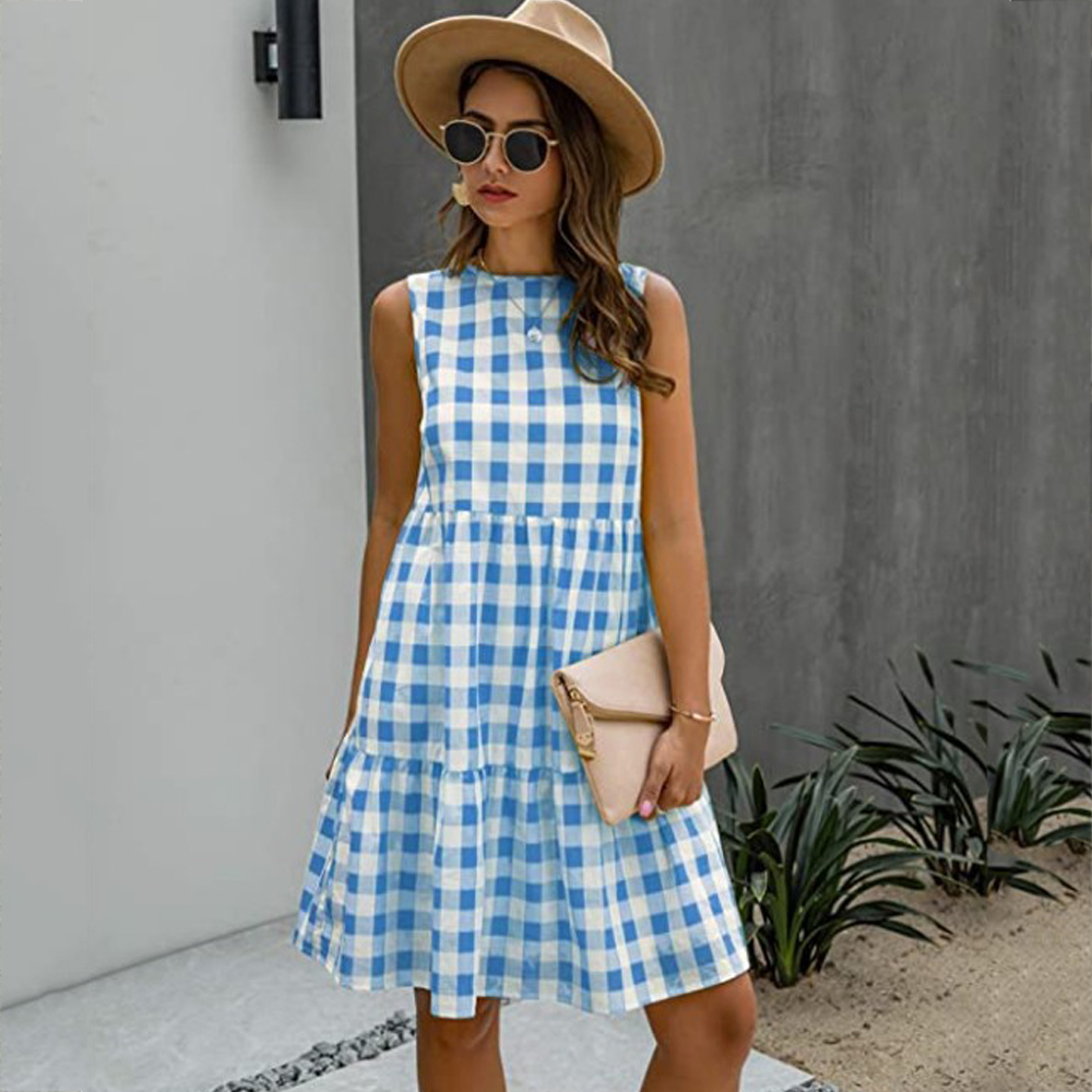 Women's plaid sleeveless round neck skirt 格纹无袖圆领大摆裙 - 图1