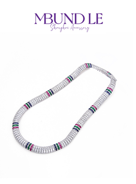 摩邦珠宝红黄蓝锆石三色满圈项链饰品镀18K金女款生日节日礼物