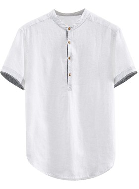 Men's Baggy Solid Cotton Linen Short Sleeve Button Plus Size