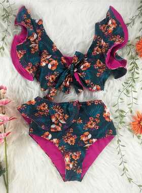 New Bikini Floral Ruffled Bikini Set Women V-neck High Waist