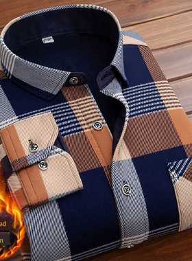 Spring Winter Men's Long Sleeve Plaid Flannel Fur Lined Thic