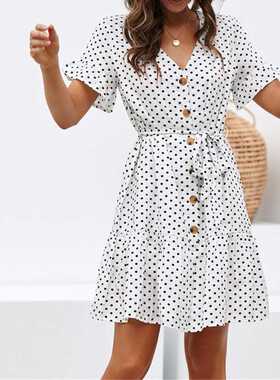 Summer dress Printing Button Chiffon Dress Beach Maxi Dress