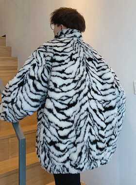 Winter Men Faux Fur Tiger Pattern Coat Jacket Male Fashion L