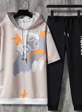 Summer Men's Sets Korean Fashion Hooded outfit Set Short Sle