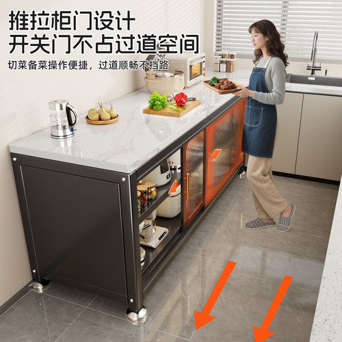 岩板厨房多功能置物架微波炉落地多层橱柜餐边推拉门收纳碗碟储柜 - 图1
