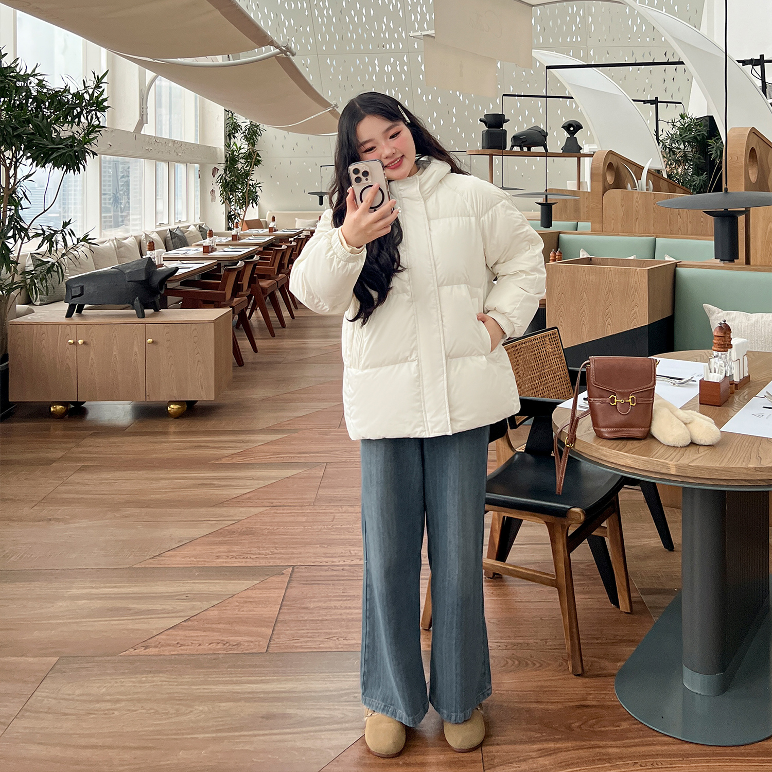 DM100大码女装微胖mm冬显瘦高腰遮胯直筒裤内里磨毛牛仔裤裤子 - 图1