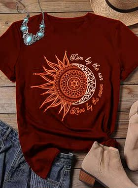 2020 women casual fashion t-shirt letter sun moon print loos