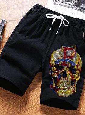 Streetwear Men's Summer Casual Skull Shorts Men Straight an