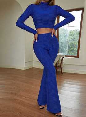 Women Solid Pleated Two Piece Set Autumn Tops And Pants