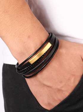 Multi-layer Hand-woven Gold Steel Black Men's Leather Stainl
