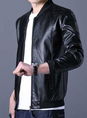 Autumn Stand Collar Solid Leather Jacket Men's Fashion Leath