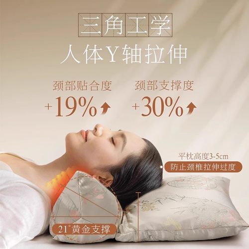 荞麦壳颈椎枕头织锦缎家用睡觉成人专用新中式冰丝荞麦三角连体枕 - 图3