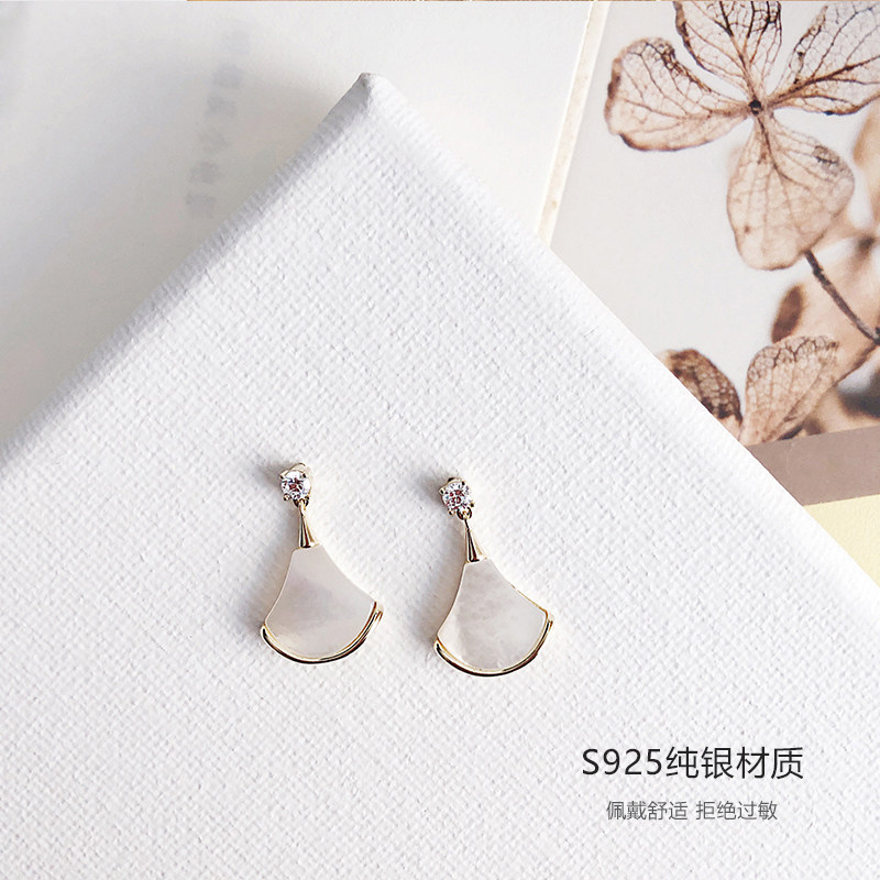 S925纯银扇形小裙子耳环女红玛瑙白贝母孔雀石耳饰轻奢小众高级感