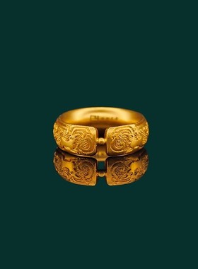 传承古法梧桐生矣手工錾刻黄金色情侣对戒指环结婚戒指食指戒子