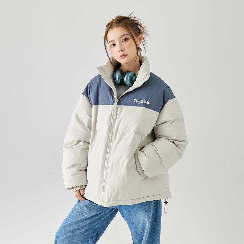 MPUX联名撞色拼接立领字母印花休闲保暖加绒加厚棉服外套情侣款 - 图1