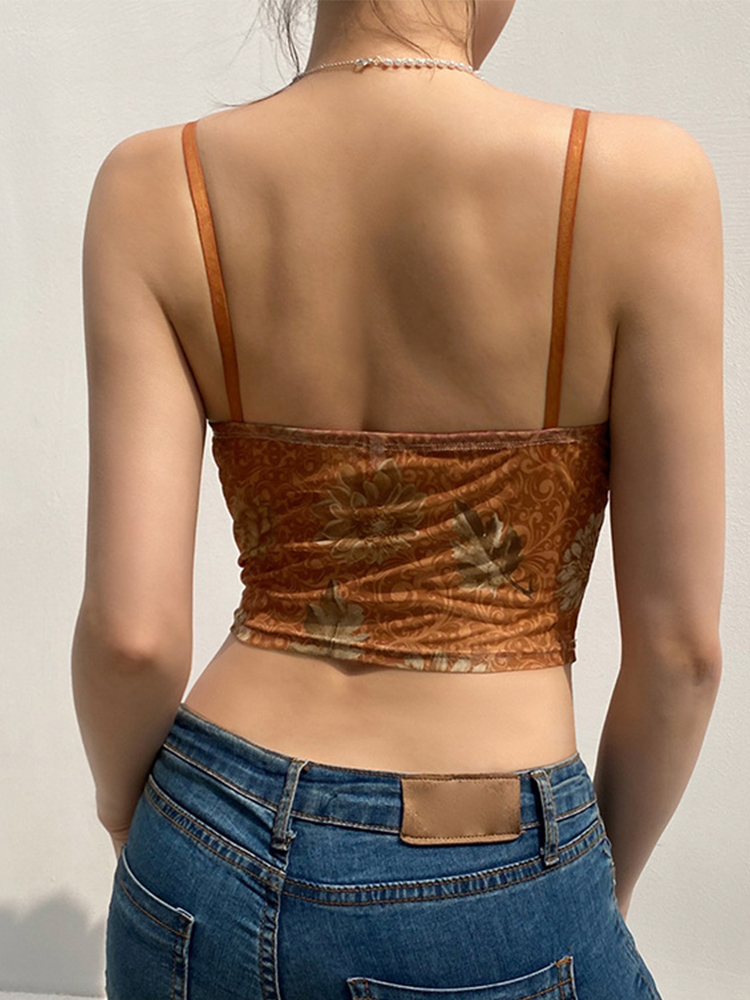 Brown Leaf Print V-Neck Strap Tank Top  棕色印花V领吊带背心 - 图1