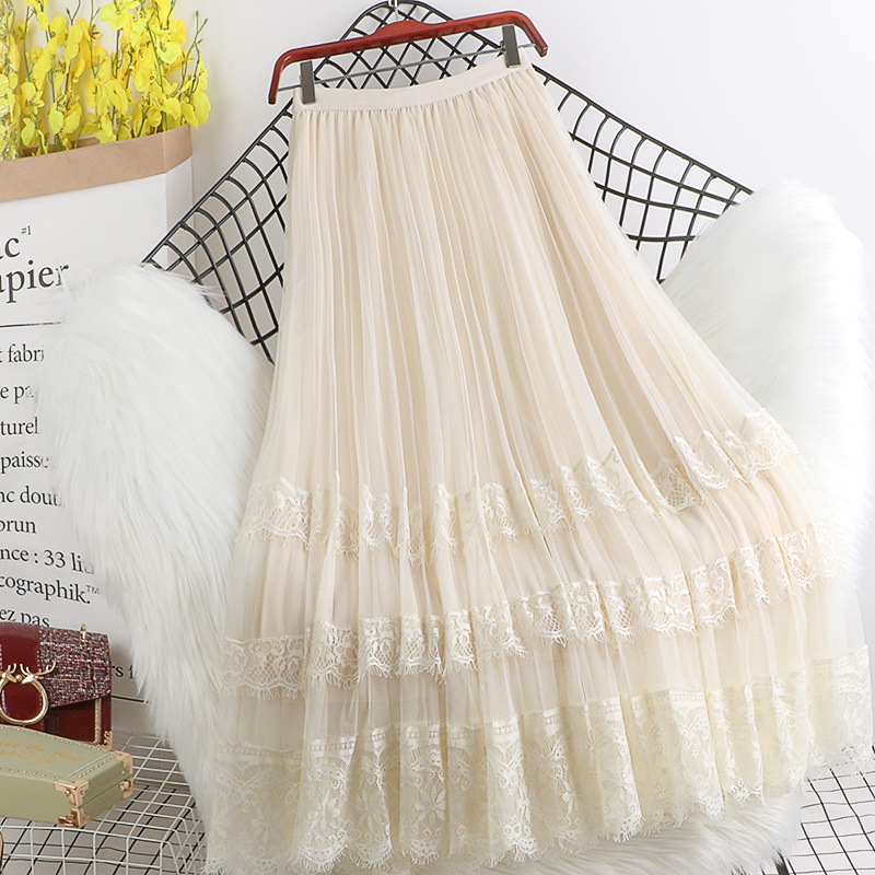 Lace panel mesh pleated skirt for women蕾丝拼接 网纱百褶裙女 - 图2