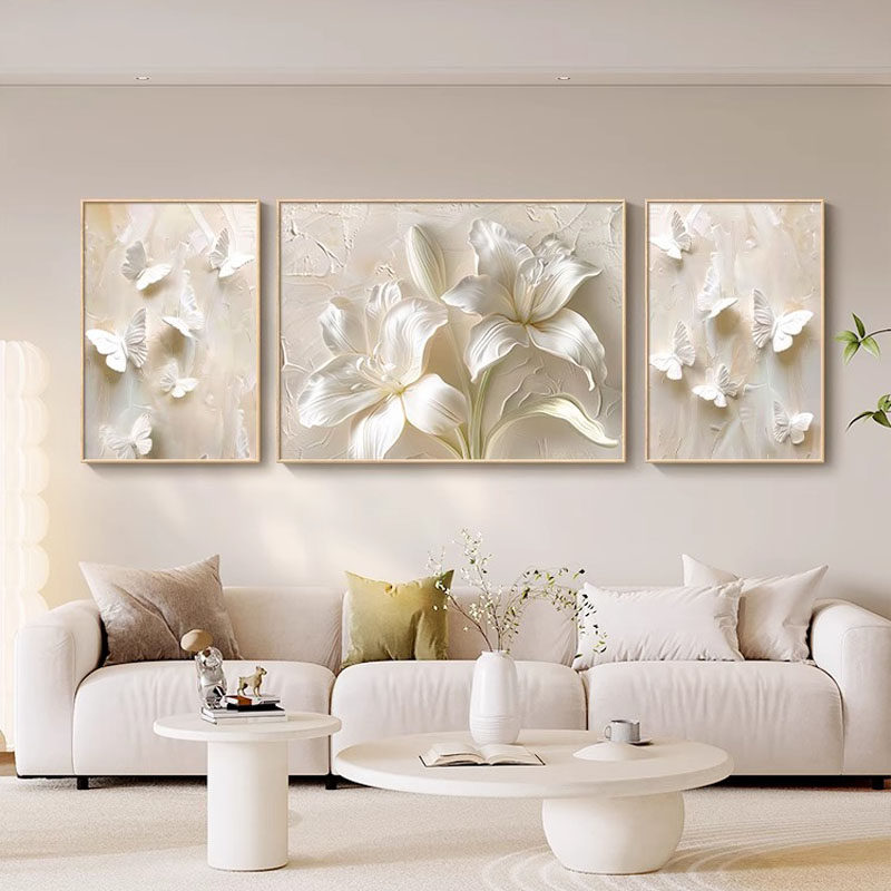 奶油风客厅装饰画高级感三联沙发背景墙面壁画肌理感蝴蝶花卉挂画,淘宝优惠券,粉丝福利购,淘宝优惠卷