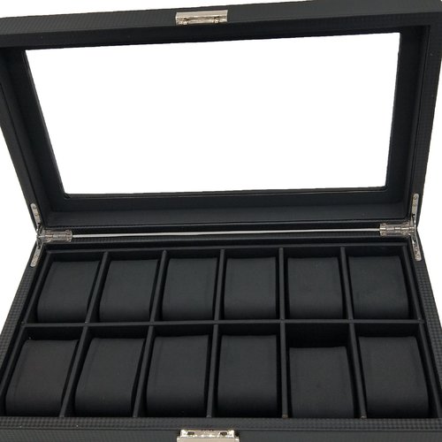 高档碳纤维12位内黑PU皮枕头优质手表盒手表首饰收纳盒厂家现货 - 图0