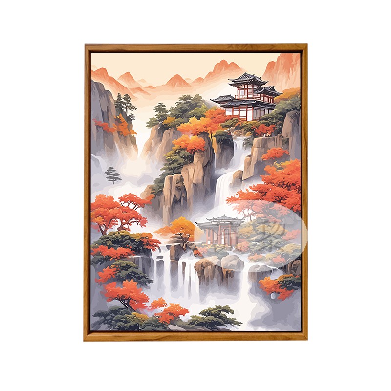 中国风古风建筑秋天山水高级感风景DIY数字油画手工绘涂色装饰画