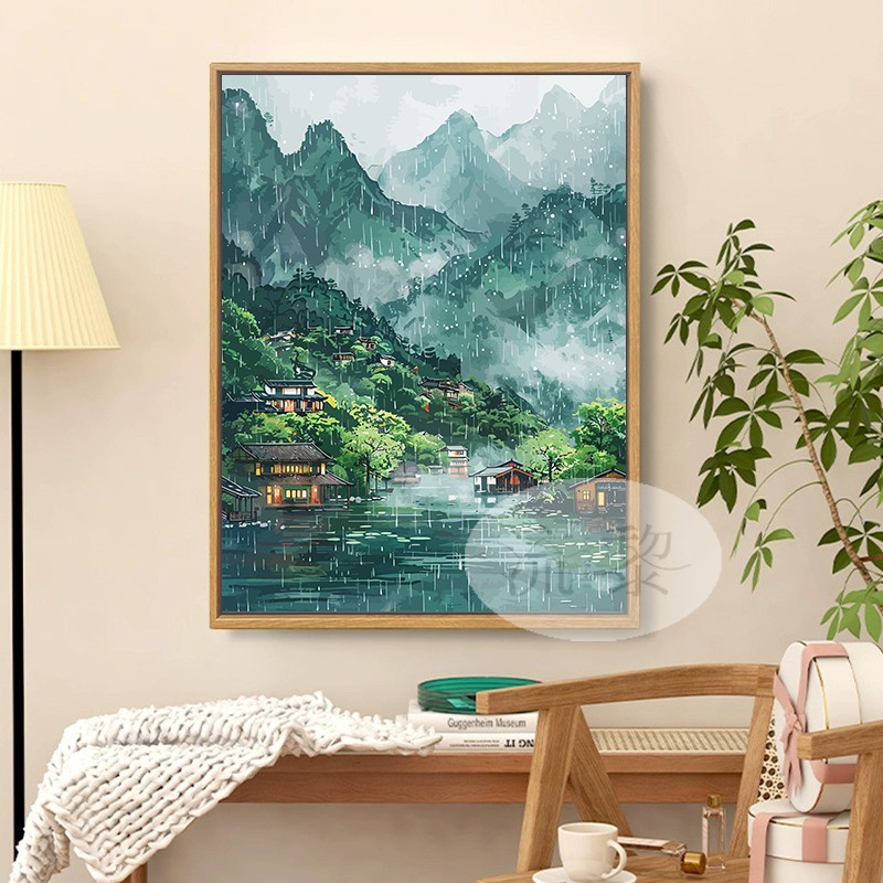 中国风江南山水风景高级感客厅玄关手工绘填色装饰画DIY数字油画