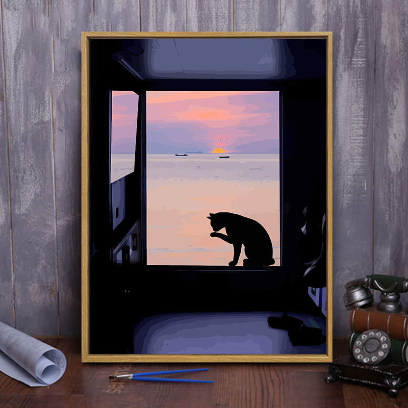 落日大海上猫咪风景DIY数字油画手工绘填充涂色丙烯油彩装饰挂画