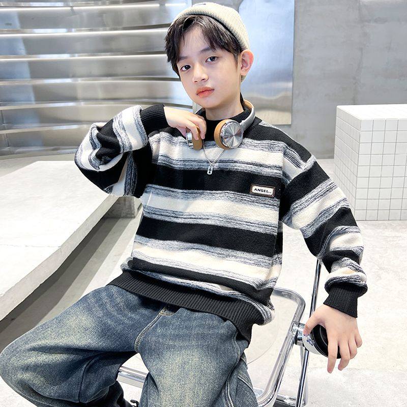 男童毛衣秋冬款2025新款中大童儿童男孩冬装打底衫冬季加厚潮条纹,淘宝优惠券,粉丝福利购,淘宝优惠卷