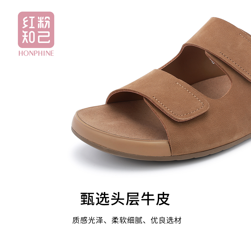 红粉知己2025新款真皮平底拖鞋男鞋外穿懒人一脚蹬休闲百搭凉拖鞋 - 图2