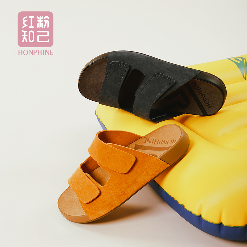 红粉知己2025新款真皮平底拖鞋男鞋外穿懒人一脚蹬休闲百搭凉拖鞋 - 图0