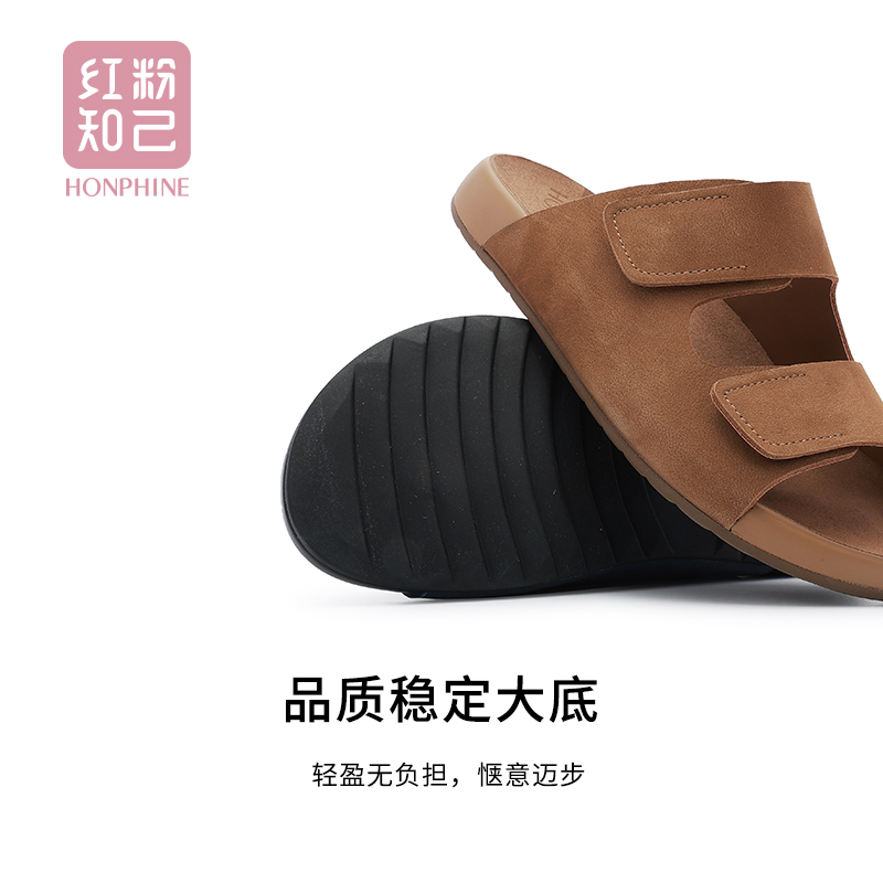 红粉知己2025新款真皮平底拖鞋男鞋外穿懒人一脚蹬休闲百搭凉拖鞋 - 图3