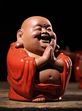 陶瓷可爱弥勒佛像摆件家居客厅茶室桌面禅意摆设男士车内装饰用品