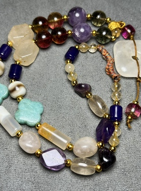 天然水晶多宝项链女款多色水晶原石多宝复古彩色项链春夏新款时尚