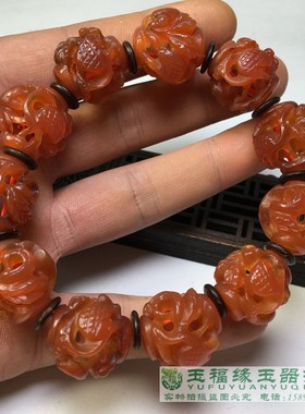 古玩辽金水玉透雕手串鹿鹤老玛瑙