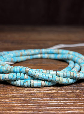 古玩老珠子湖蓝绿松直切原矿绿松石配饰车轮珠老型隔片项链配珠