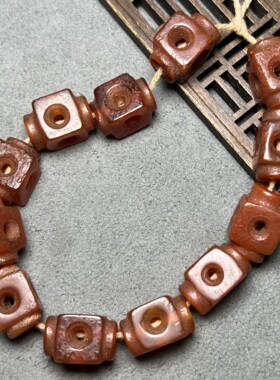 橘皮纹老玛瑙天然红玛玛瑙大孔老型四通路路通桶珠文玩手链配饰