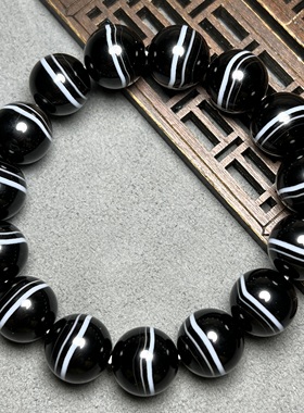 天然黑白一线药师珠玛瑙手链男女单圈缠丝玛瑙圆珠佛珠子玉髓手串