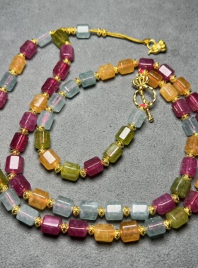 巴西水晶冰种纯糖果色彩红碧玺色水晶老型六棱珠多宝项链手链佛珠