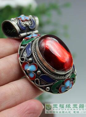 古玩杂项足银烤蓝吊坠