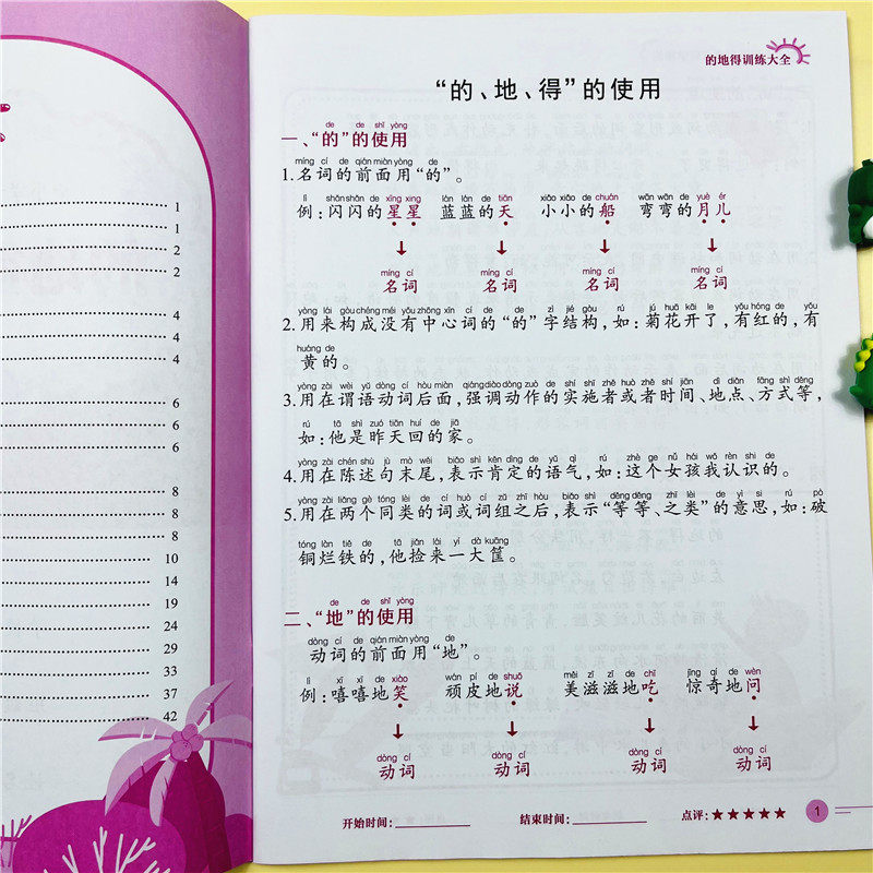 小学生语文知识点的地得用法训练大全人教版一年级二年级三四五六形容词动词副词作业本练习册作文书句子训练阅读理解专项训练大全